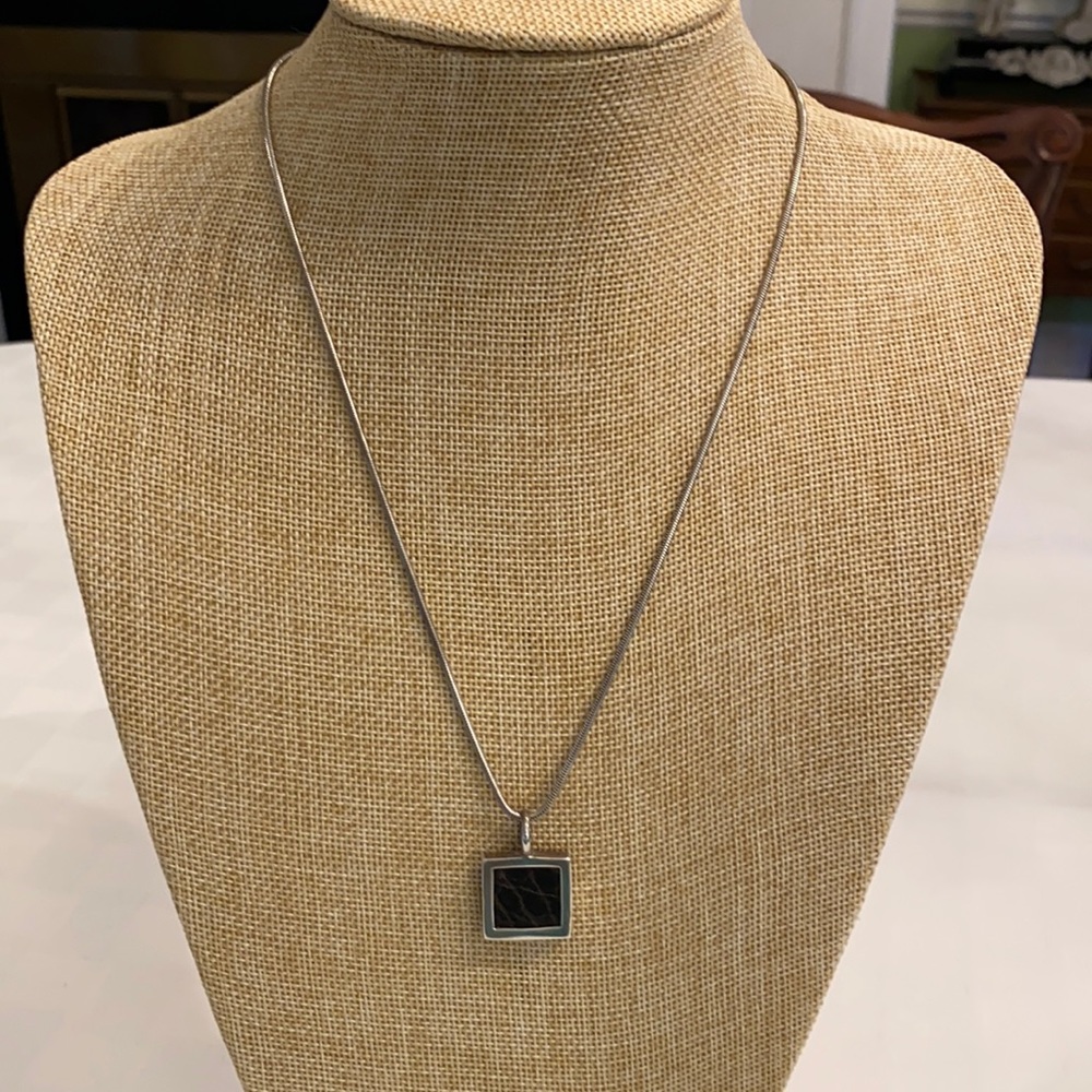 Sterling Silver Necklace with Brown Textured Square Croco Leather Charm